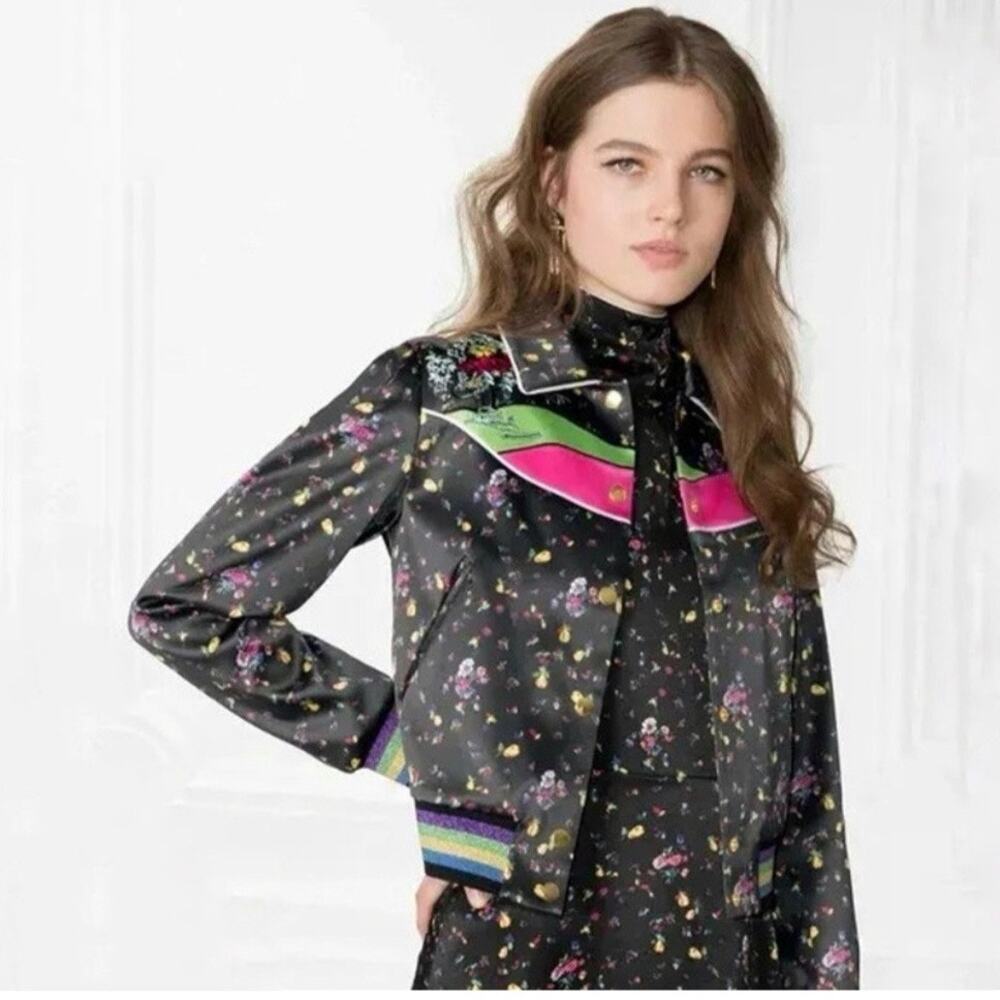 & Other Stories Women's Black Floral Pear Blossom Satin Bomber Jacket Size 4